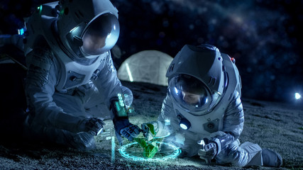 Two Astronauts Analyzing Plant Life Found on Alien Planet. Infographics Show Animated Data about Oxygen Generation, DNA and Molecular Structure. Technological Advance and Space Exploration.