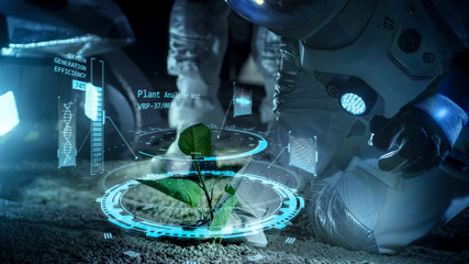 Two Astronauts Analyzing Plant Life Found on Alien Planet. Infographics Show Animated Data about Oxygen Generation, DNA and Molecular Structure. Technological Advance and Space Exploration.