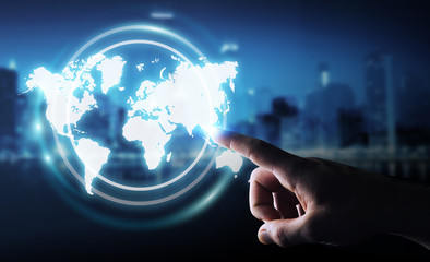 Businessman using digital world map interface 3D rendering
