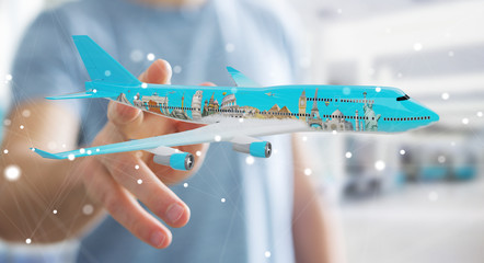 Businessman with plane and famous landmarks of the world 3D rendering