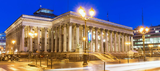 The Bourse of Paris- Brongniart palace at night,Paris, France.