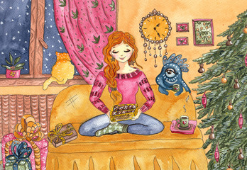 Girl sitting at her cozy warm home on sofa with the box of chocolate in winter time, with cat, Christmas tree, and presents