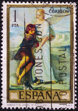 spanish stamp Tobias and the Angel. E. Rosales  
