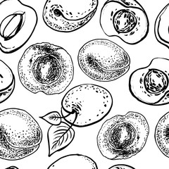 Seamless pattern with apricots. Graphic hand drawn vector illustration.