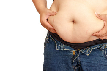 Woman trying to wear jeans.