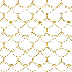 Glitter mermaid tail seamless pattern. Fish scale texture. Tillable background for girl fabric, textile design, wrapping paper, swimwear or wallpaper. White glitter mermaid background with fish skin.