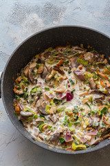 Trofie pasta with muschrooms leek and creme fraiche. Pan on blue and gray background. 