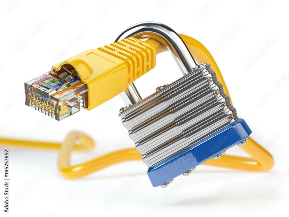 Poster Network ethernet cable locked with padlock isolated on white background. Internet security and data protection concept