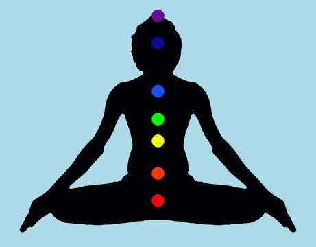 Yoga Meditation Pose black on blue background with energy chakra logo plain clear vector