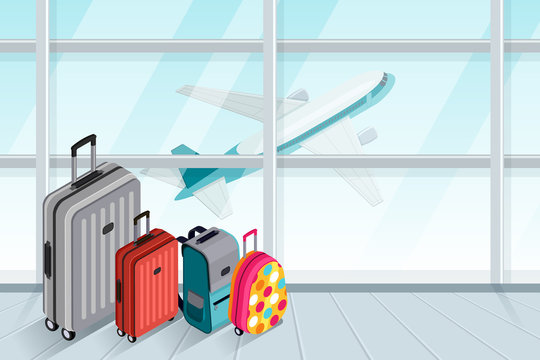 Multicolor luggage, suitcase, bags near the airport terminal window. Vector 3d isometric illustration. Takeoff airplane in window. Checked baggage, travel by aircraft and tourism concept.