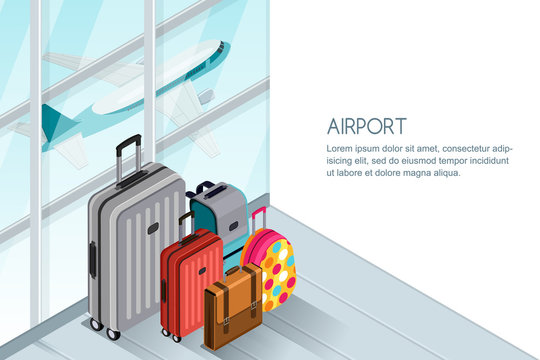 Luggage, suitcase, bags near the airport terminal window. Vector 3d isometric illustration. Takeoff airplane in window. Checked baggage, travel by aircraft and tourism concept. Banner with copy space.