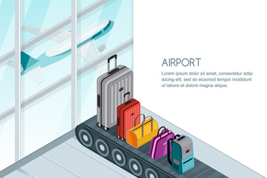 Different luggage, suitcase, bags on conveyor belt near airport terminal window. Vector 3d isometric illustration. Checked baggage, travel by aircraft and tourism concept. Banner with copy space.