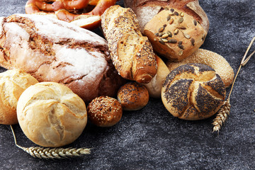 Different kinds of bread and bread rolls. Kitchen or bakery poster design