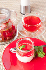 dessert, panacotta with mint on a red plate