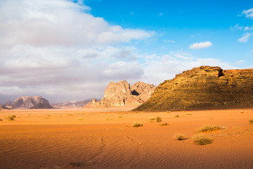 Fototapeta na wymiar Nice view sand and big rocks in Wadi Rum desert in Jordan