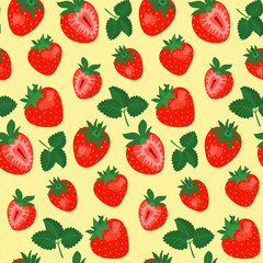 Seamless pattern with strawberries and leaves on yellow background. Good for textile, wrapping, wallpapers, etc. Vector illustration.