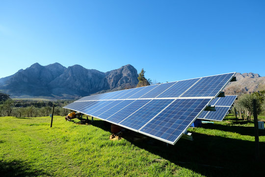 Solar panels with photovoltaic  modules for renewable energy with blue sky and mountains in the back round set in a countryside meadow 