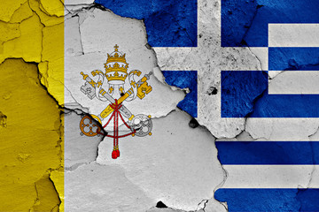 flag of Vatican and Greece painted on cracked wall