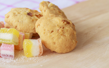 Jelly squares multicolored and cookies.