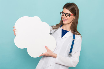 Female doctor with thinking speech bubble