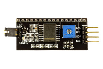 Graphic display I2C adapter close-up isolated on white background. Electronic component