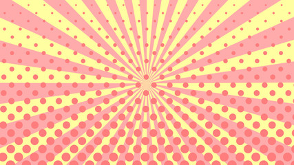 Pink yellow rays with gradient halftone. Soft colors background. Sun rays poster. Sunbeams. Pop Art Background. Retro Background. Comic star burst rays. Vintage abstract background rays. Vector AI10
