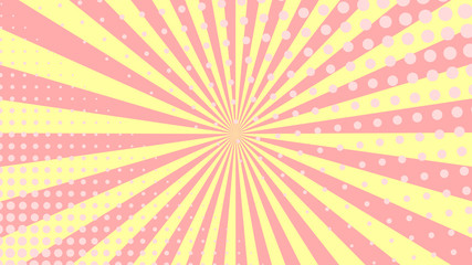 Pink yellow rays with gradient halftone. Soft colors background. Sun rays poster. Sunbeams. Pop Art Background. Retro Background. Comic star burst rays. Vintage abstract background rays. Vector AI10