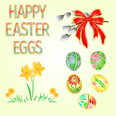 Happy Easter decoration Easter eggs and daffodils on green grass, pussy willov and bow. Seasonal Holidays in April. Colorful eggs and flowers vector illustration editable hand draw