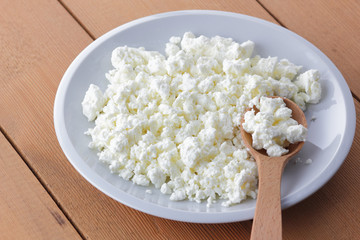 Cheese, fresh cottage cheese in a white plate, wooden spoon, curd on a wooden background, sour cream in a wooden spoon, dairy products on a natural background, retro style, minimalism
