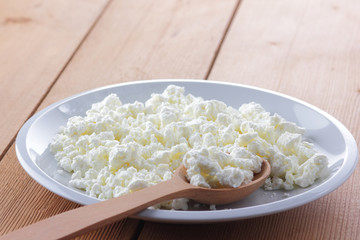 Cheese, fresh cottage cheese in a white plate, wooden spoon, curd on a wooden background, sour cream in a wooden spoon, dairy products on a natural background, retro style, minimalism