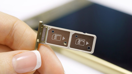 a female hand holds a dual SIM card slot. Nano SIM and memory card with ejector pin and tray for Touchscreen phone
