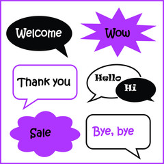 set of vector speech bubbles various shape in black white and pink, text welcome, wow, thank you, sale, hello, hi and bye