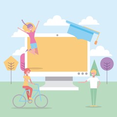 people students computer riding bike in landscape vector illustration