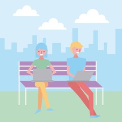 young people sitting in bench park working in laptop vector illustration