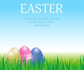 Easter background. Paschal greeting card template with eggs, grass and sky. Design for website. Vector