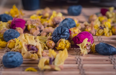 Closeup of different kind aromatic flower tea