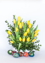 Spring Bouquet of Yellow Tulips with Easter Eggs