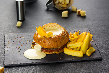 hamburger with egg and meat