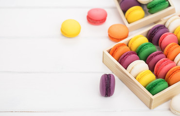 Colorful French macaroons in the box