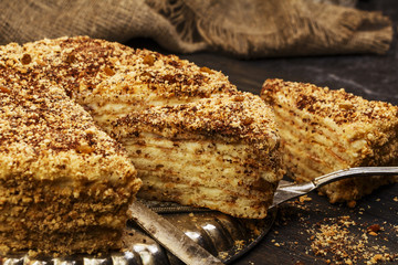 Napoleon's cake with custard is decorated with raisins and grated chocolate on a silver platter on a wooden table. Dessert Napoleon cake chopped. Napoleon cake tasty close-up.

