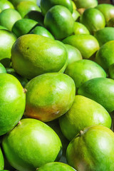 Bunch Pile of Ripe Vibrant Green Mangoes at Farmers Market in Asia. Bright Sunlight. Travel Lifestyle Image. Vitamins Superfoods Healthy Diet Concept.