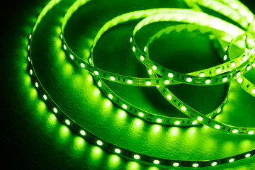 Diode strip with green light. LED strip for decoration of interiors.