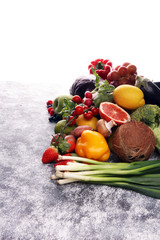 Composition with variety of raw organic vegetables and fruits. Balanced diet