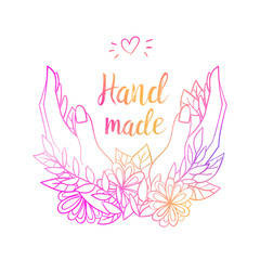 Pink and yellow gradient lettering logo hand made with hands, leaves and flowers on the white background