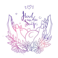 Blue and violet gradient lettering logo hand made soap with hands, bubbles, leaves and flowers on the white background