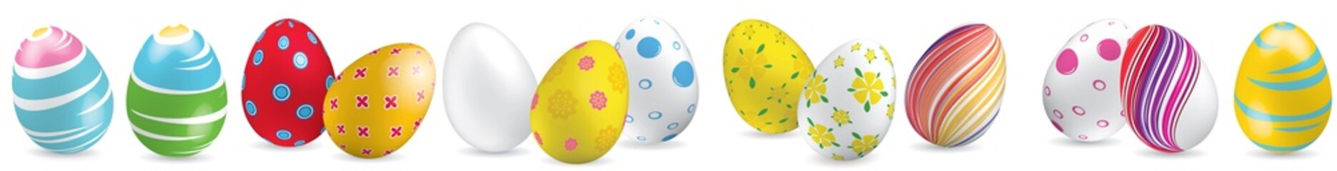 White, yellow, red, striped colorful Easter eggs on the white background. Set of bright Easter eggs