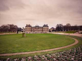 Obraz premium View of the Luxembourg palace, inside the public garden of Luxembourgh, one of the largest in Paris.