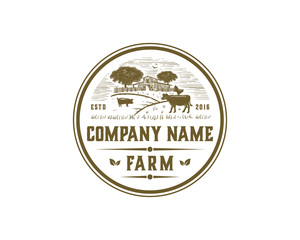 Barn with Oak tree and Flying Birds with Animal Livestock like Cow and Chicken and Pig Hand Drawing Symbol Farm Logo VIntage Circle Vector