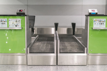 Desks in airport hall. The deserted airport. An empty terminal. The strike of pilots