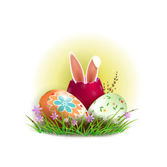 Easter composition with eggs, rabbit ears and willow branch.